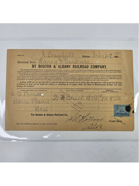 Antique 1901 Boston & Albany Railroad Freight Receipt Bill of Lading 1c Stamp MA